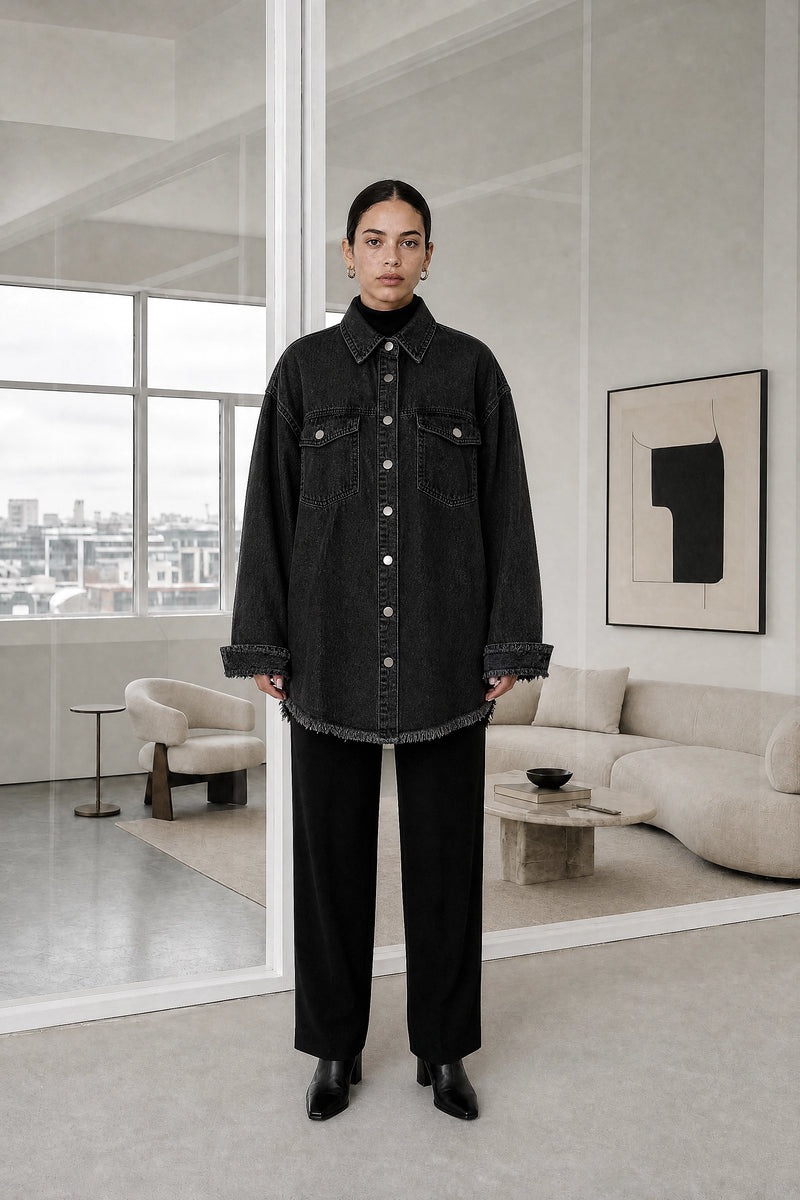 Katherine | Denim-Style Jacket in Black, studio front view
