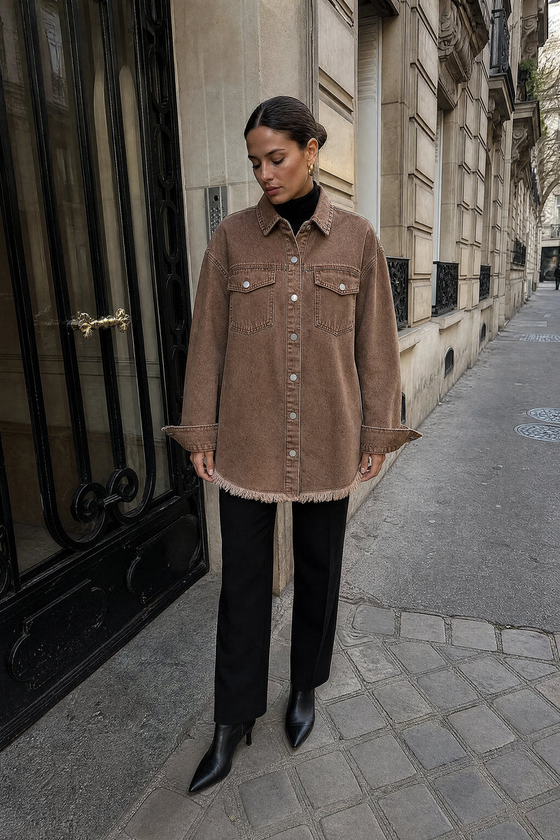 SOFAINE-V7-LIFE-Katherine | Denim-Style Jacket in Brown, street-style view