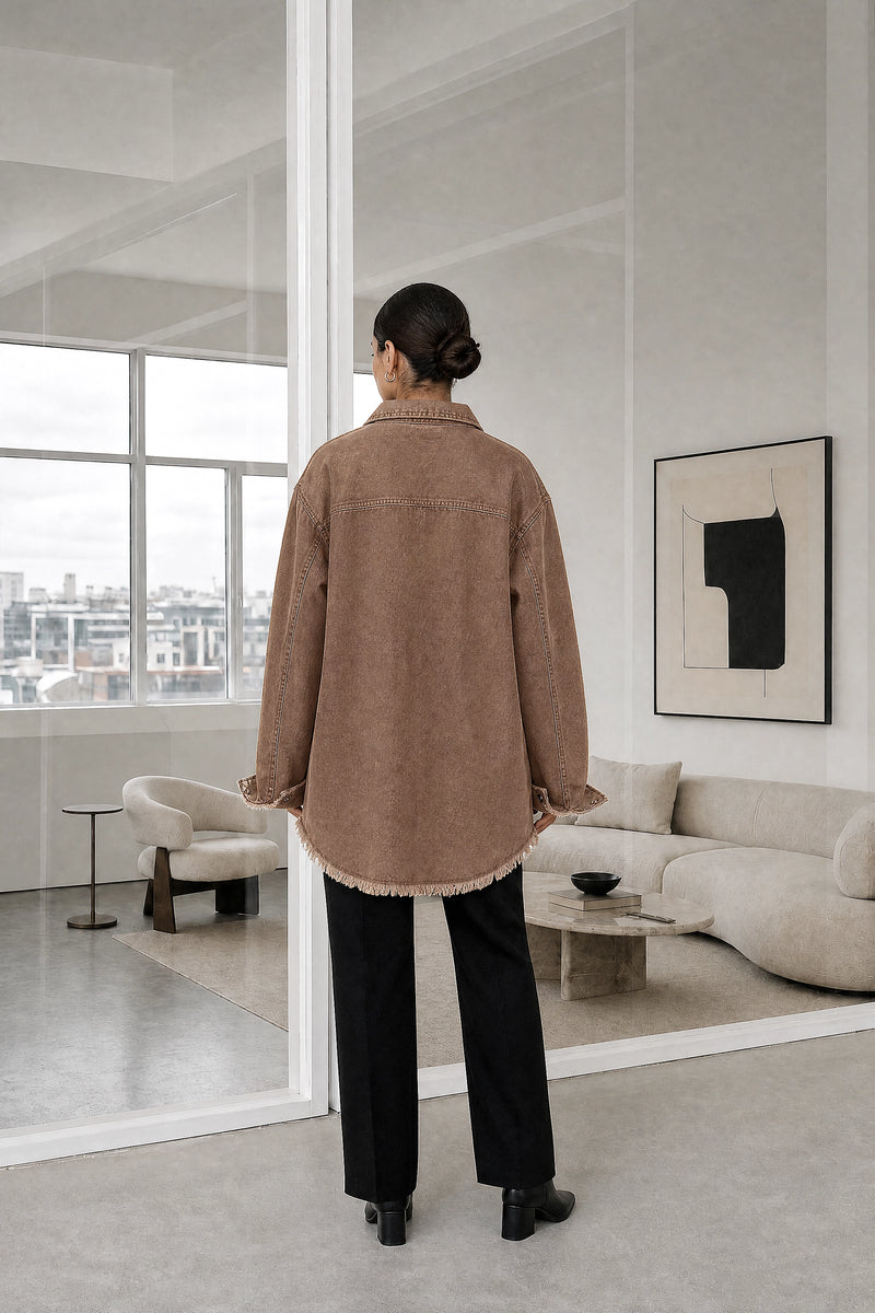 Katherine | Denim-Style Jacket in Brown, studio back view