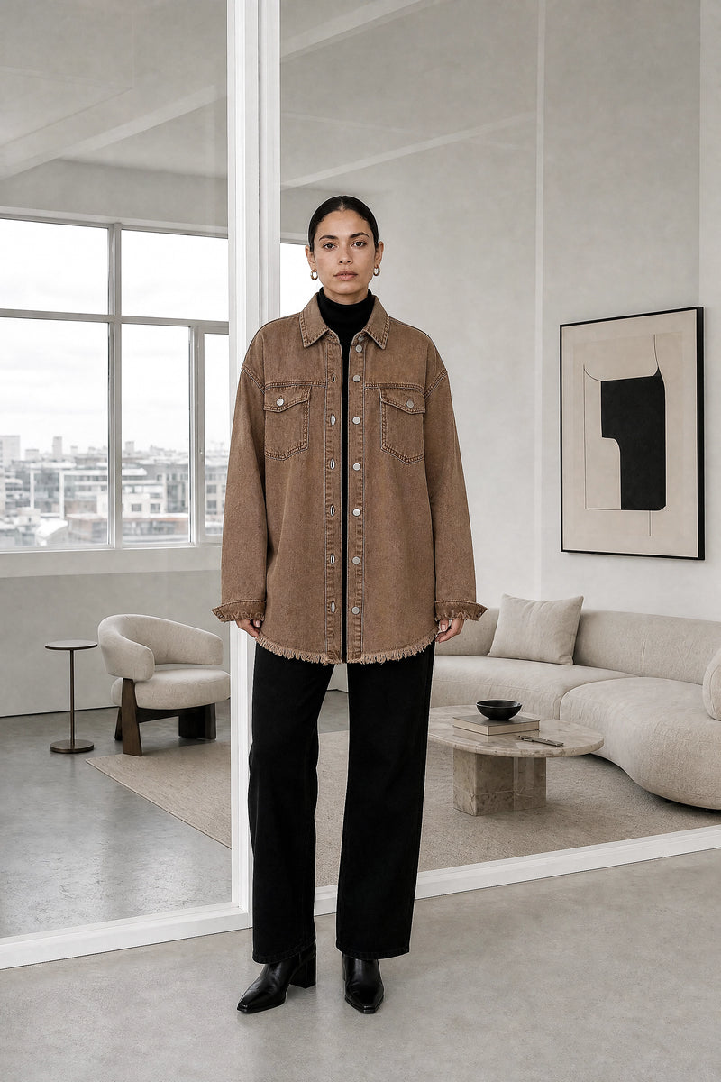 Katherine | Denim-Style Jacket in Brown, studio front view