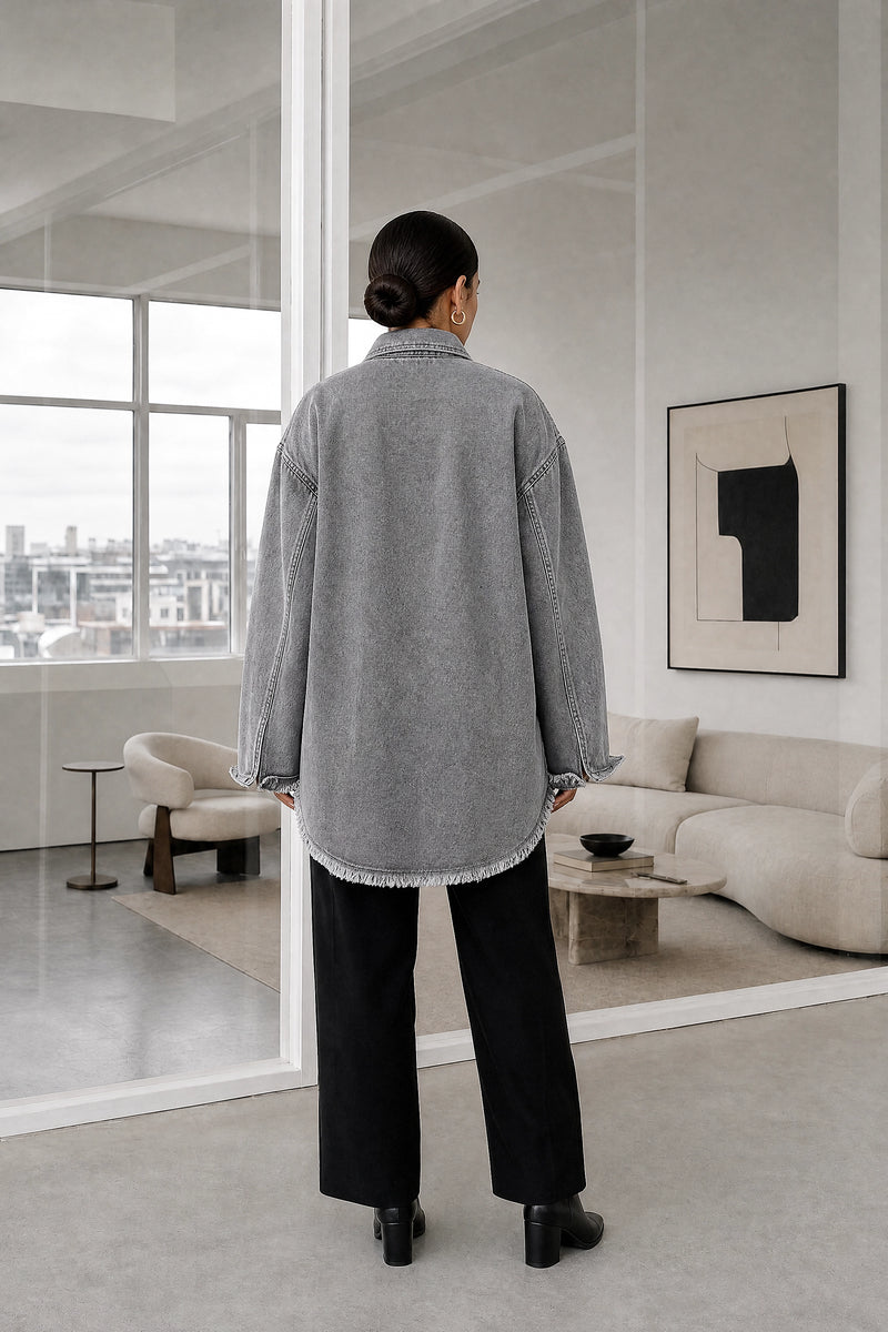 Katherine | Denim-Style Jacket in Grey, studio back view
