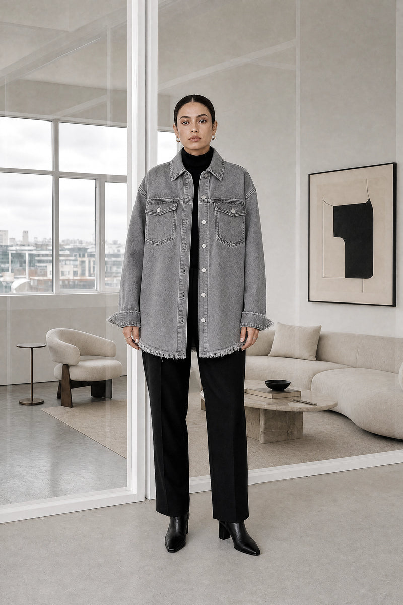 Katherine | Denim-Style Jacket in Grey, studio front view