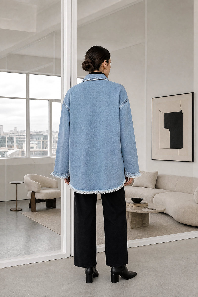 Katherine | Denim-Style Jacket in Light Blue, studio back view
