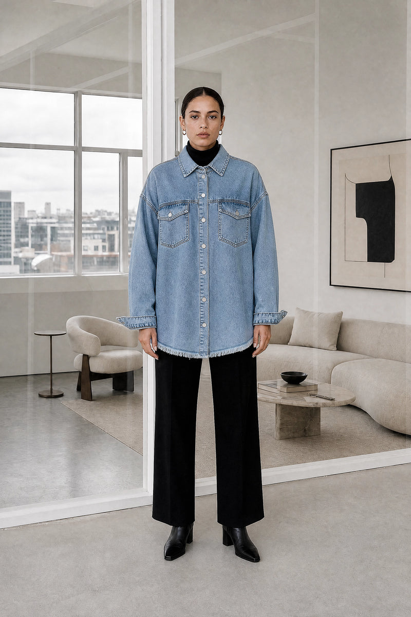 Katherine | Denim-Style Jacket in Light Blue, studio front view