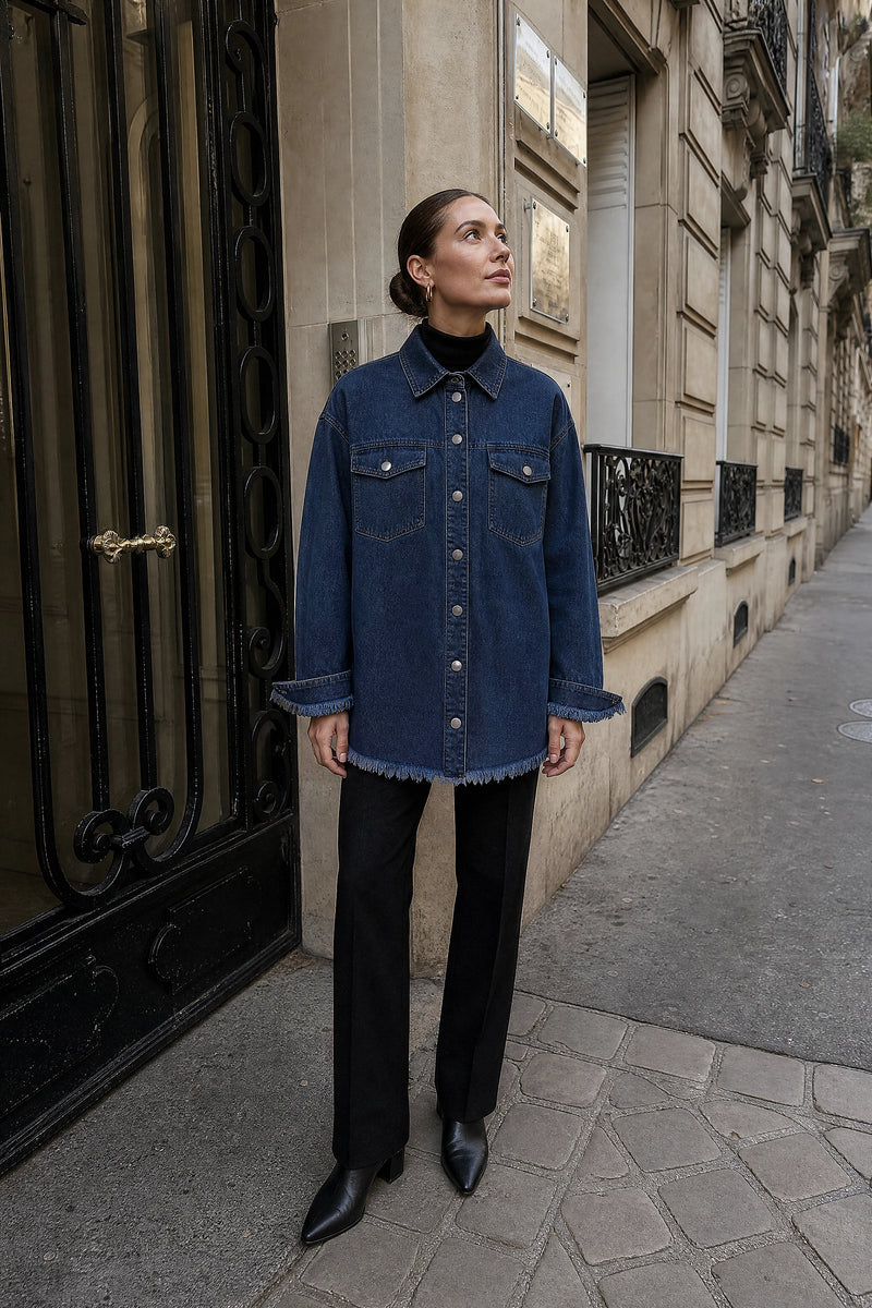 SOFAINE-V7-LIFE-Katherine | Denim-Style Jacket in Navy, street-style view