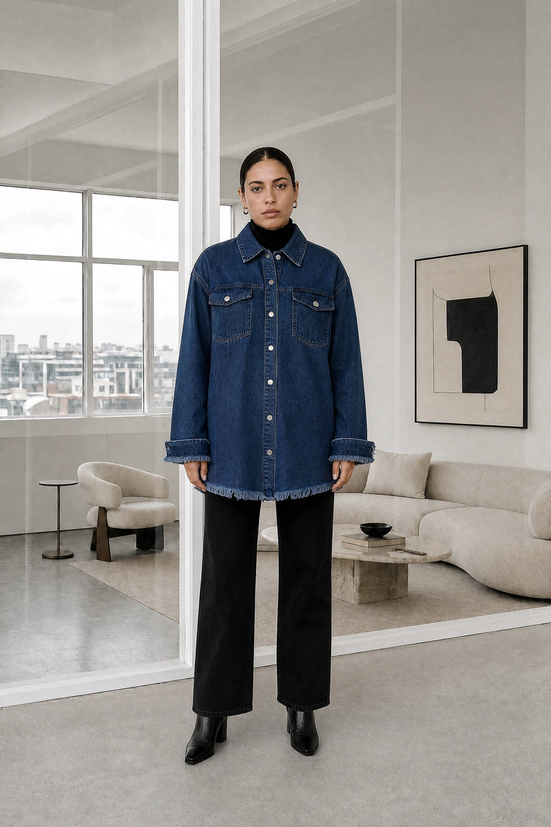 Katherine | Denim-Style Jacket in Navy, studio front view