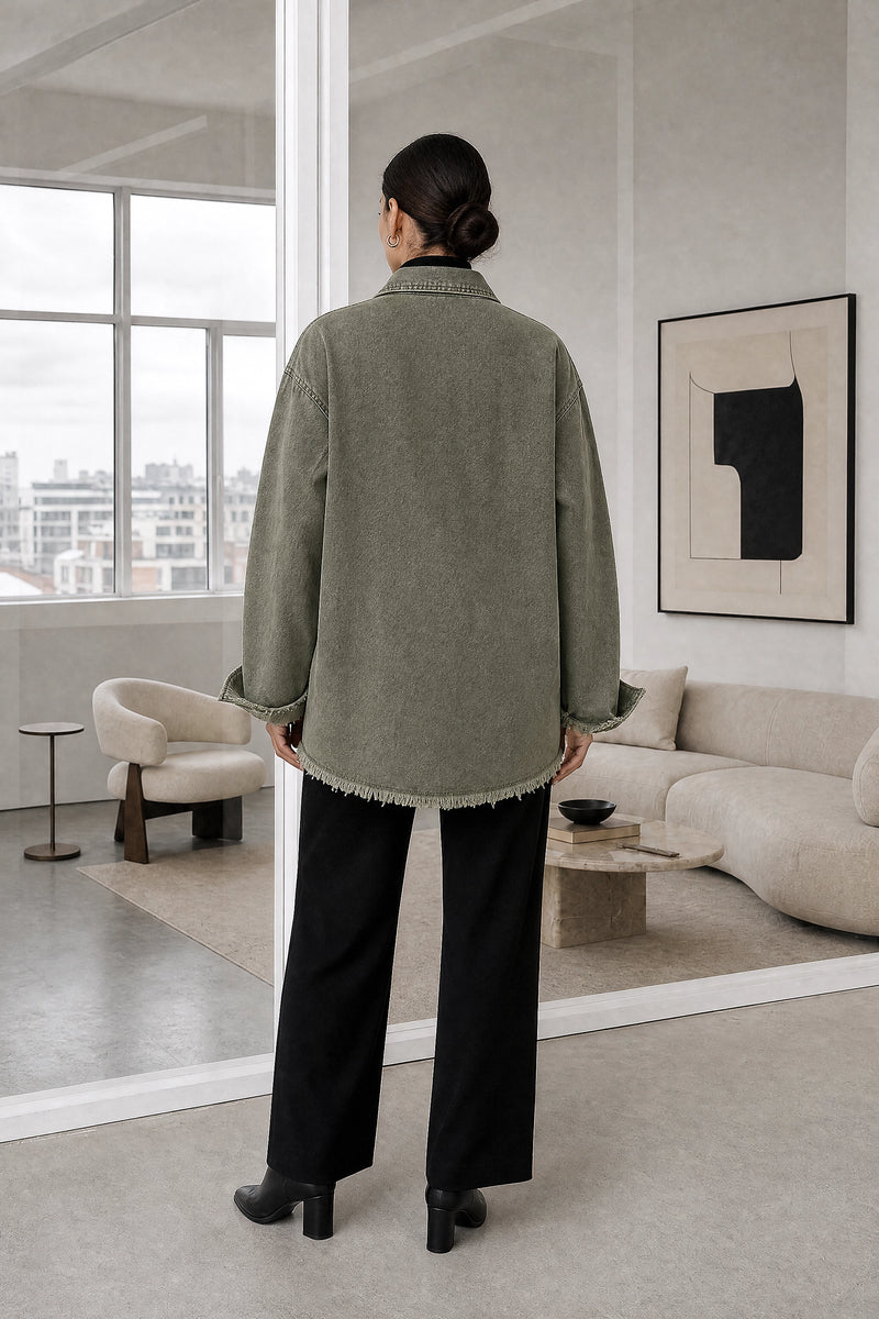 Katherine | Denim-Style Jacket in Olive Green, studio back view