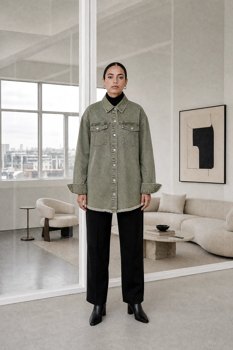 Katherine | Denim-Style Jacket in Olive Green, studio front view
