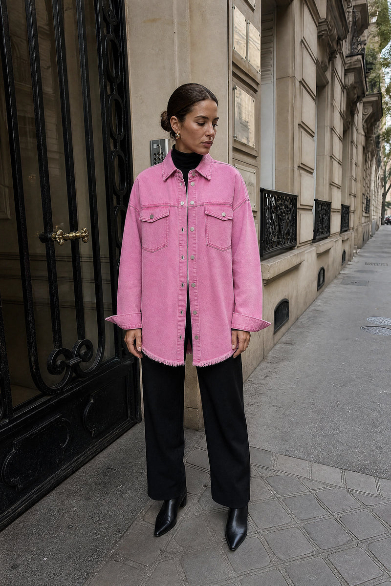 SOFAINE-V7-LIFE-Katherine | Denim-Style Jacket in Pink, street-style view