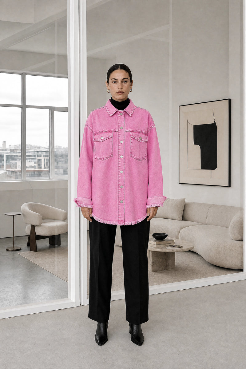 Katherine | Denim-Style Jacket in Pink, studio front view