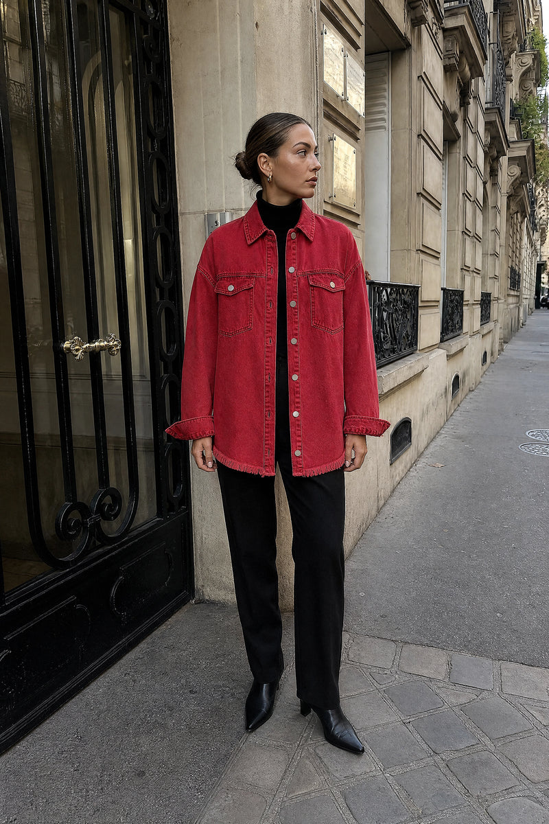 SOFAINE-V7-LIFE-Katherine | Denim-Style Jacket in Red, street-style view