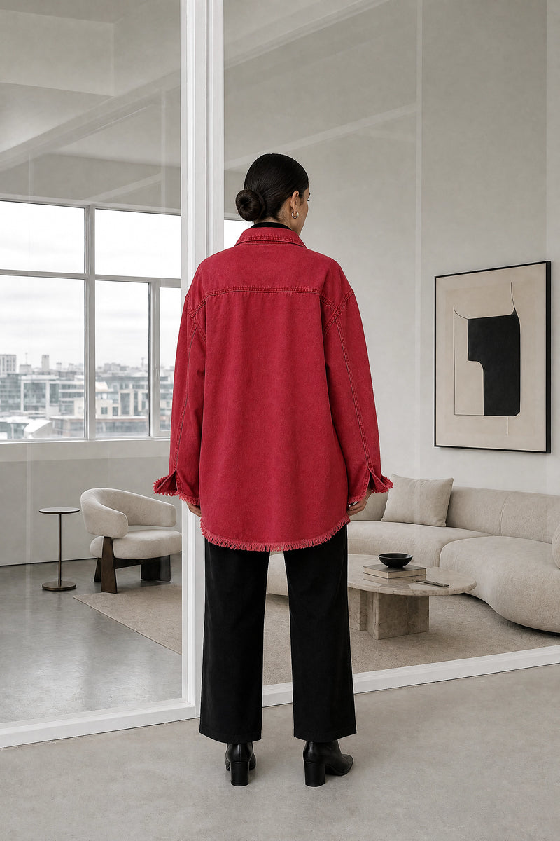 Katherine | Denim-Style Jacket in Red, studio back view