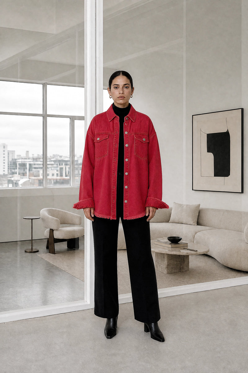 Katherine | Denim-Style Jacket in Red, studio front view