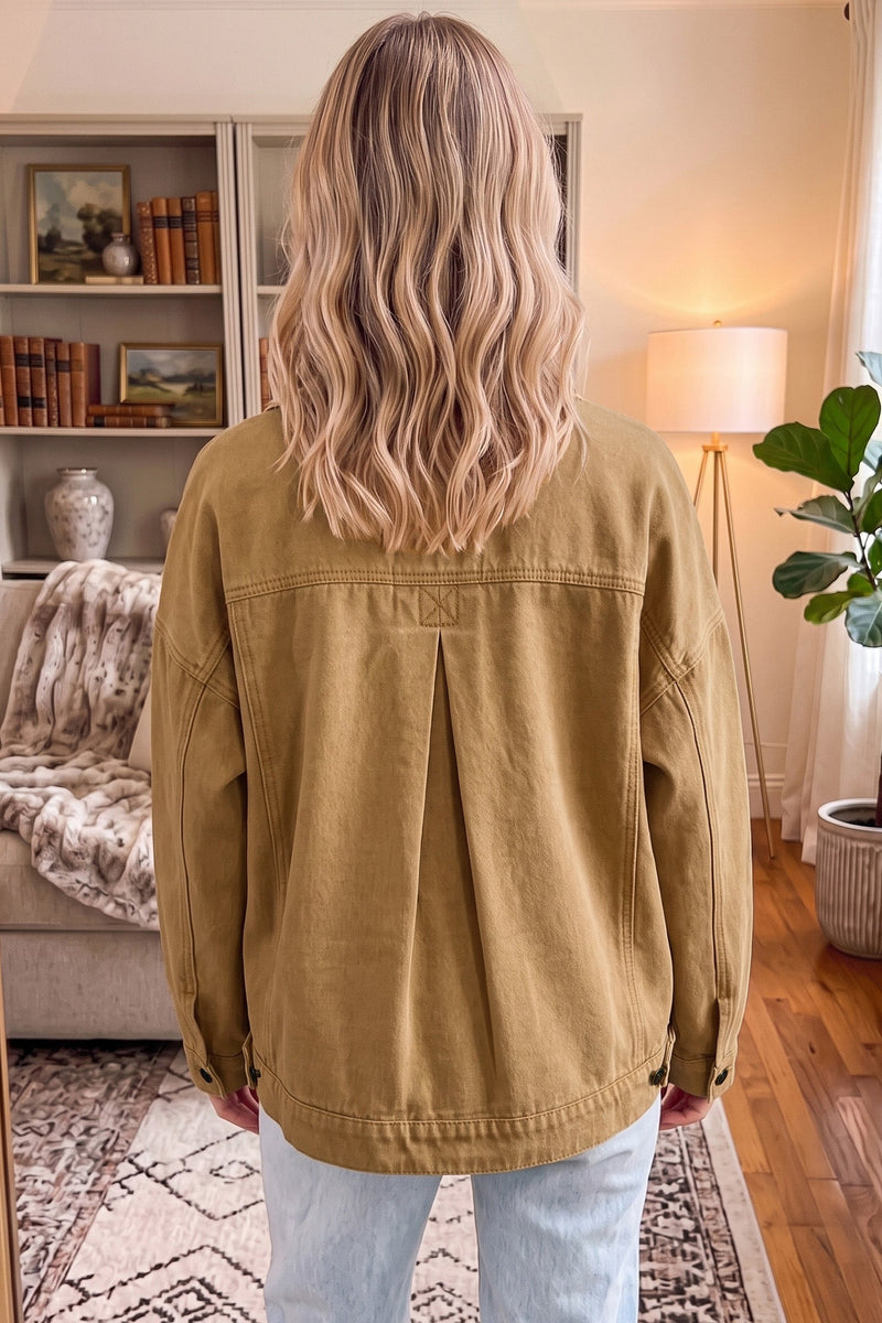 Denim Trucker Jacket for Women with Metal Buttons and Back Pleat in Khaki, back view