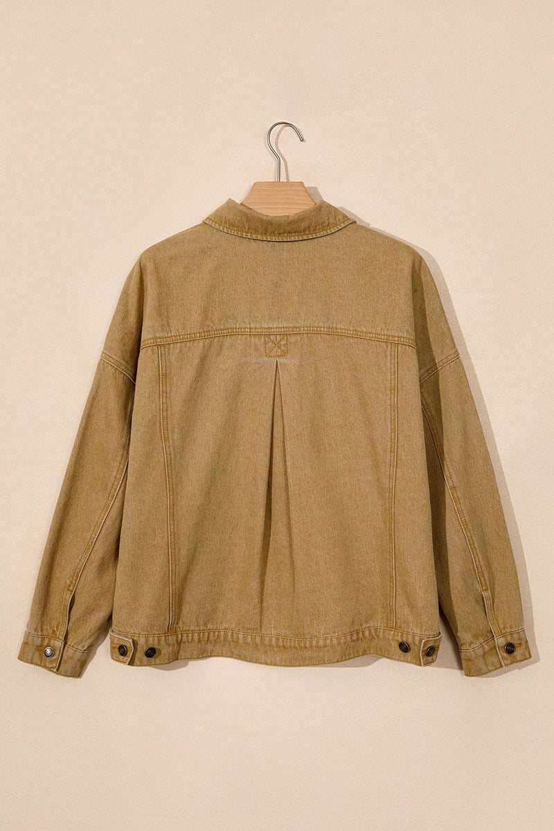Denim Trucker Jacket for Women with Metal Buttons and Back Pleat in Khaki, flat lay back
