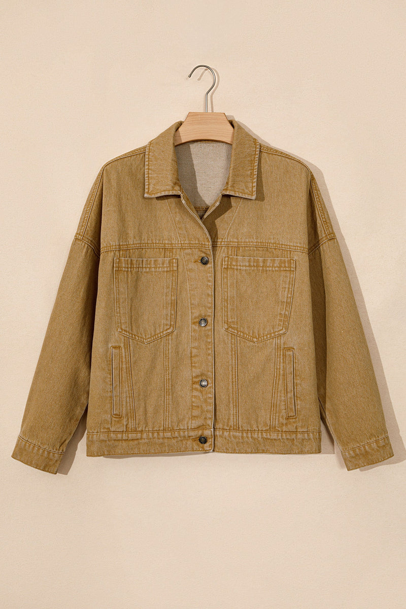 Denim Trucker Jacket for Women with Metal Buttons and Back Pleat in Khaki, flat lay front