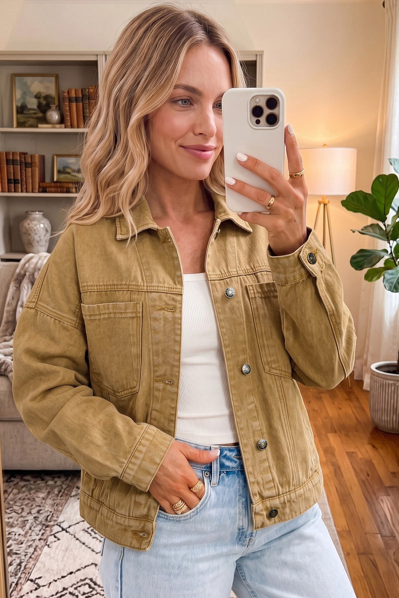 Denim Trucker Jacket for Women with Metal Buttons and Back Pleat in Khaki, open front view