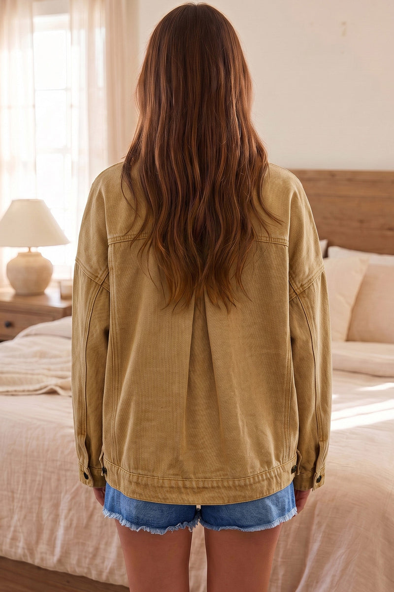 Denim Trucker Jacket for Women with Metal Buttons and Back Pleat in Khaki, styled back view