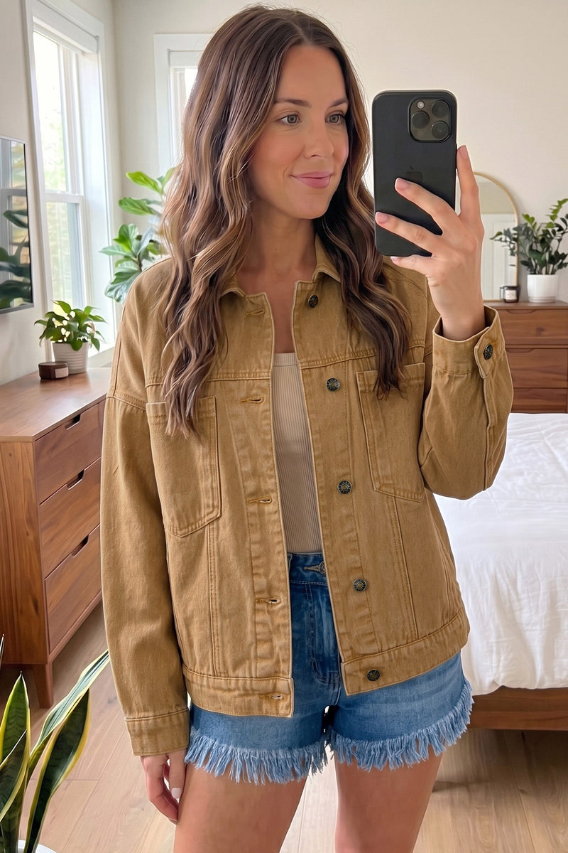 Denim Trucker Jacket for Women with Metal Buttons and Back Pleat in Khaki, styled front view