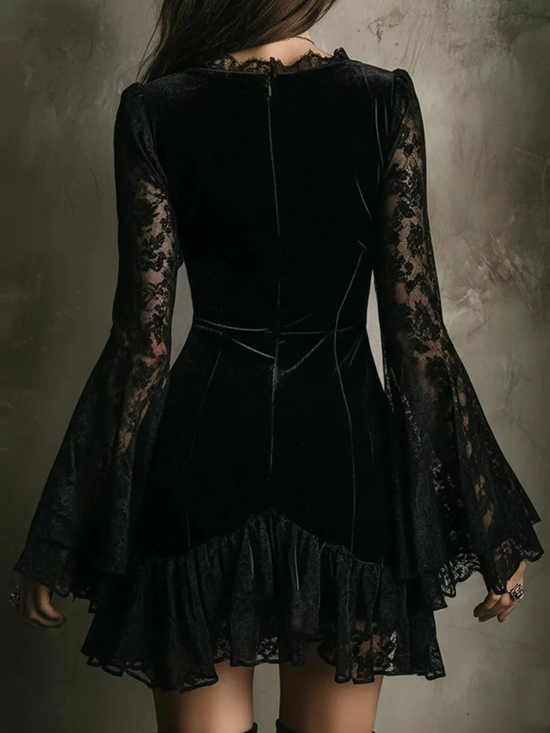 Velvet Lace Mini Dress for Women with V-Neck and Lace Bell Sleeves in Black, back view