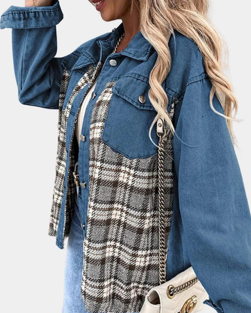 Plaid Denim Shacket for Women with Chest Pockets and Button Cuffs in Blue, angled front view