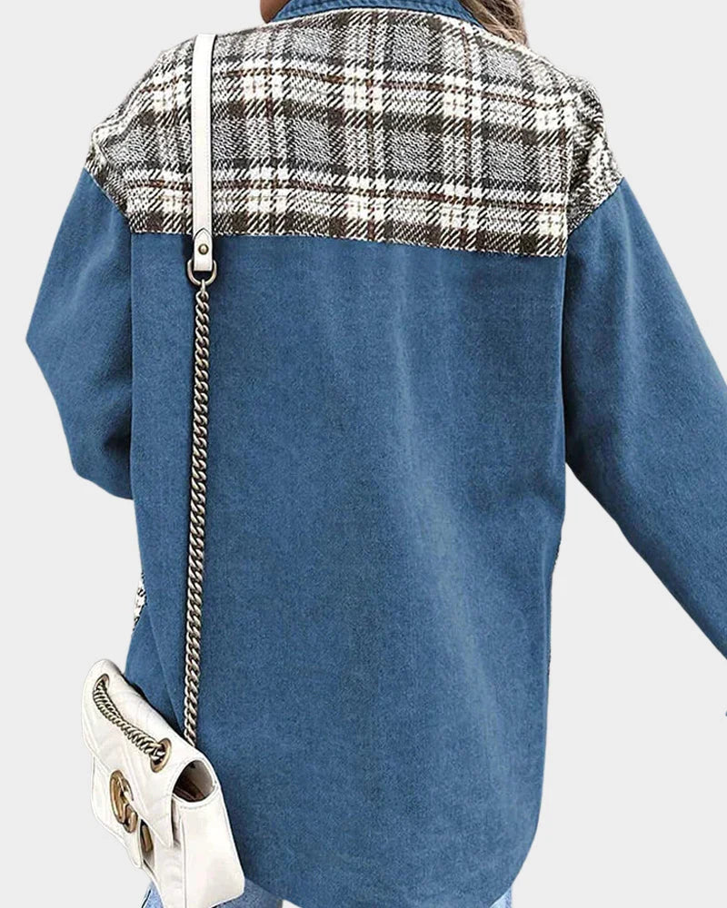 Plaid Denim Shacket for Women with Chest Pockets and Button Cuffs in Blue, back view
