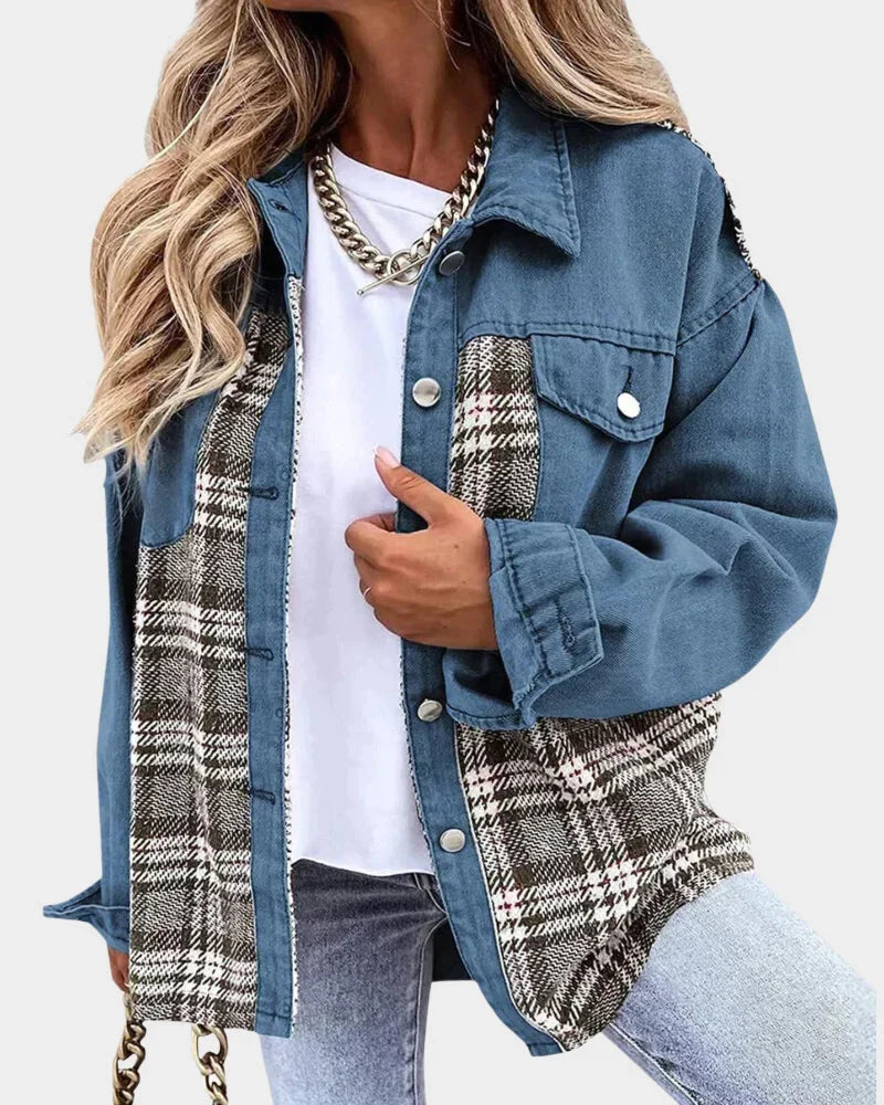 Plaid Denim Shacket for Women with Chest Pockets and Button Cuffs in Blue, front view
