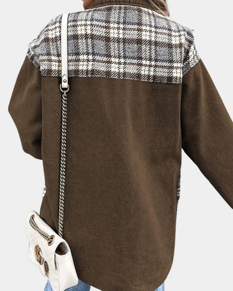 Plaid Denim Shacket for Women with Chest Pockets and Button Cuffs in Brown, back view