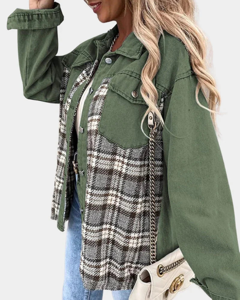 Plaid Denim Shacket for Women with Chest Pockets and Button Cuffs in Green, angled front view
