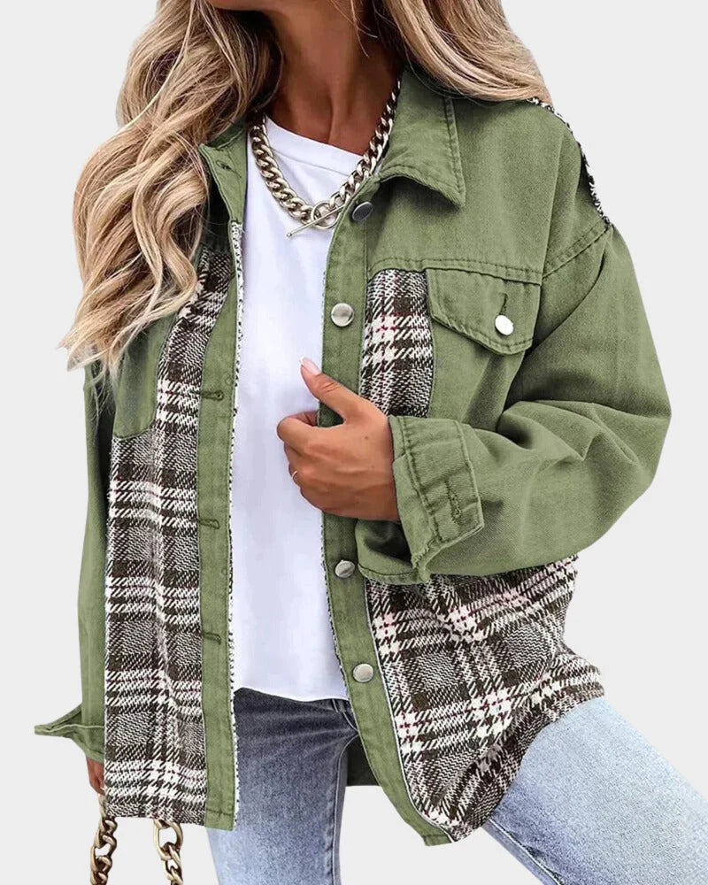 Plaid Denim Shacket for Women with Chest Pockets and Button Cuffs in Green, front view