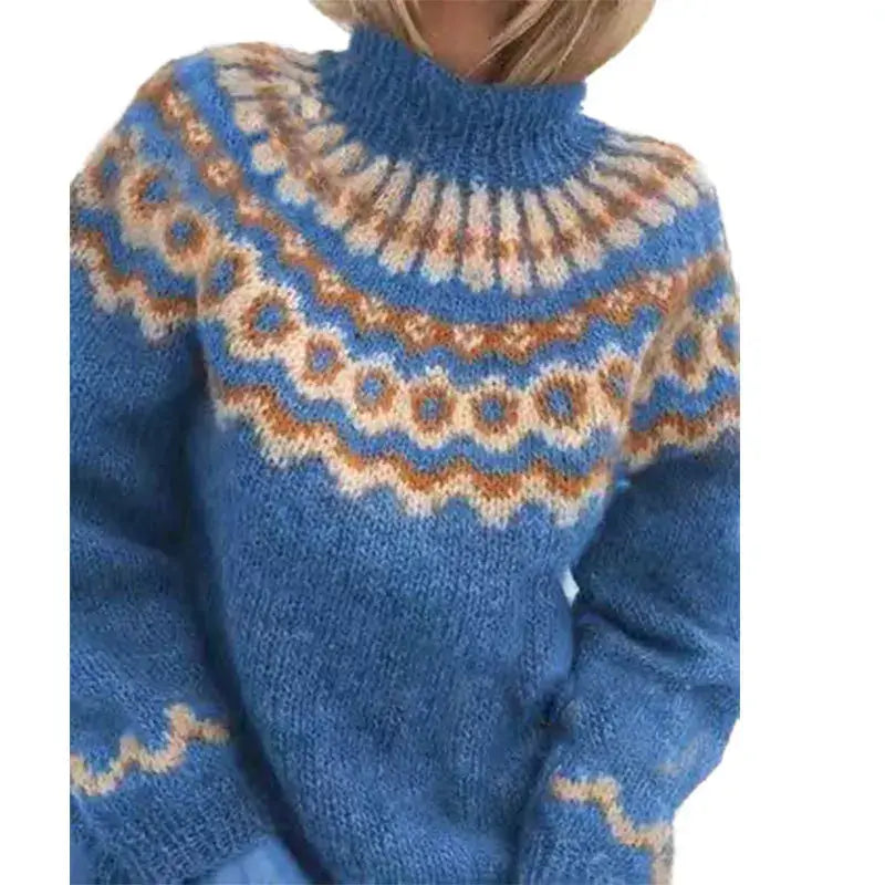 Fair Isle Turtleneck Sweater for Women with Patterned Yoke and Relaxed Fit in Blue, front view
