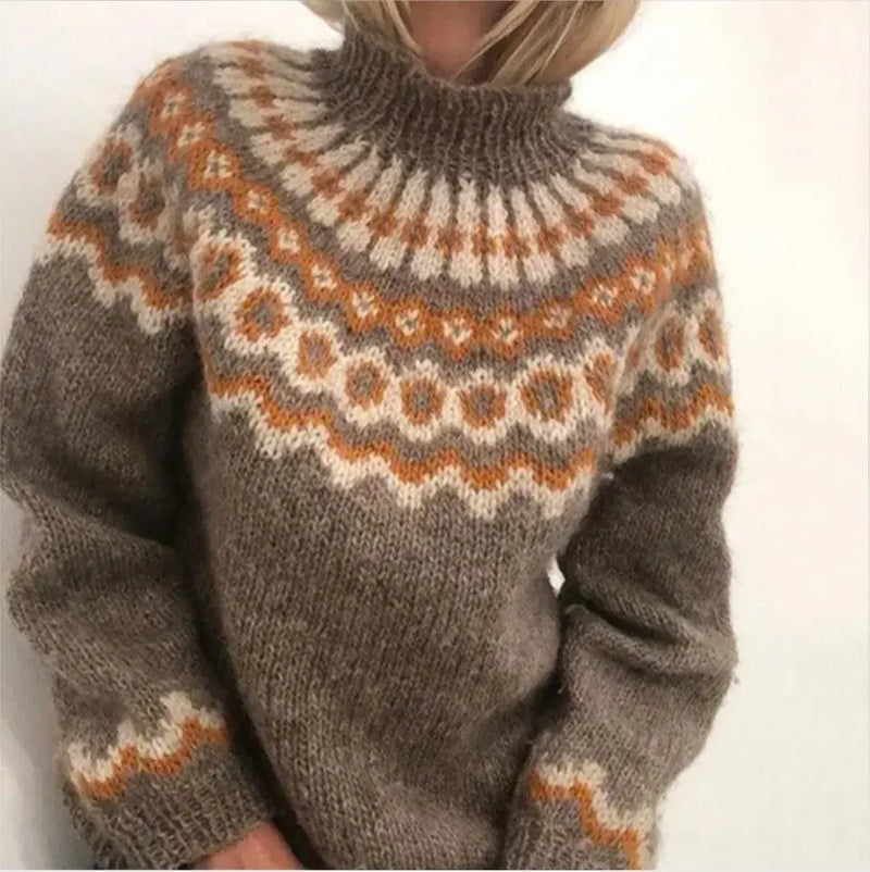 Fair Isle Turtleneck Sweater for Women with Patterned Yoke and Relaxed Fit in Brown, front view