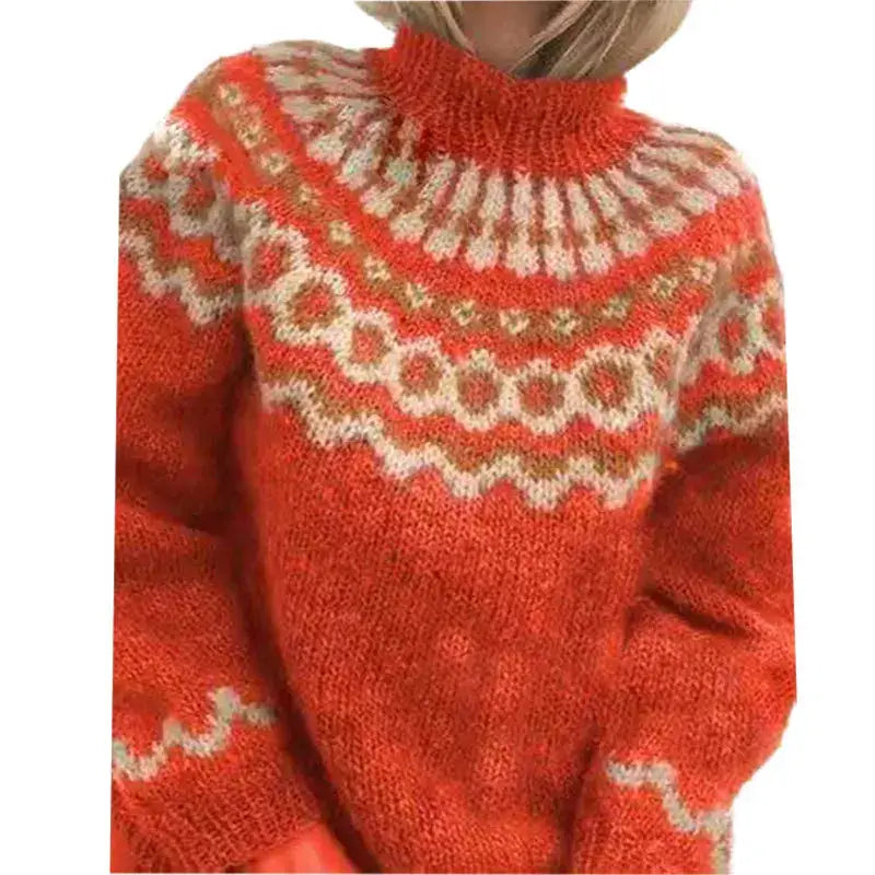 Fair Isle Turtleneck Sweater for Women with Patterned Yoke and Relaxed Fit in Red, front view