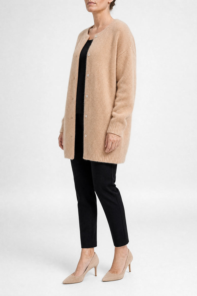 Sofaine Kayla women's soft knit cardigan in Apricot, side view studio shot
