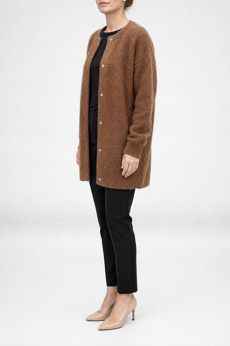 Sofaine Kayla women's soft knit cardigan in Brown, side view studio shot