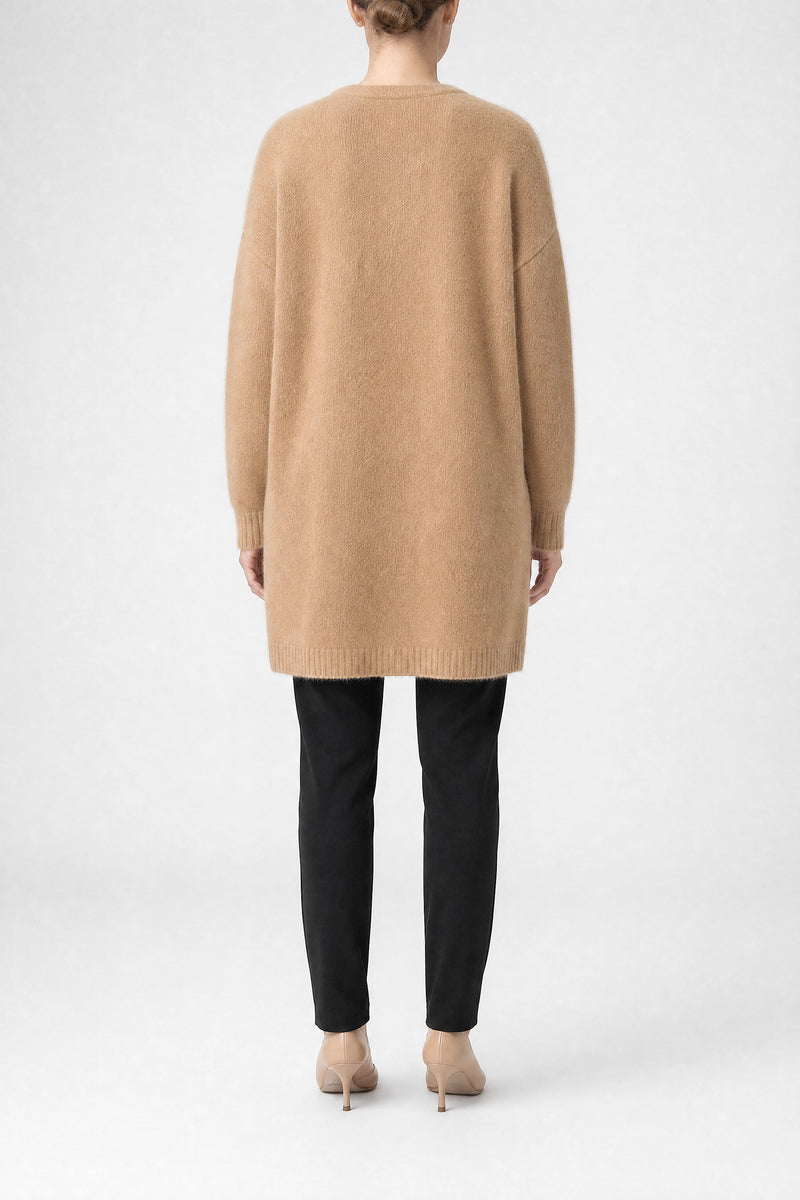 Sofaine Kayla women's soft knit cardigan in Caramel, back view studio shot