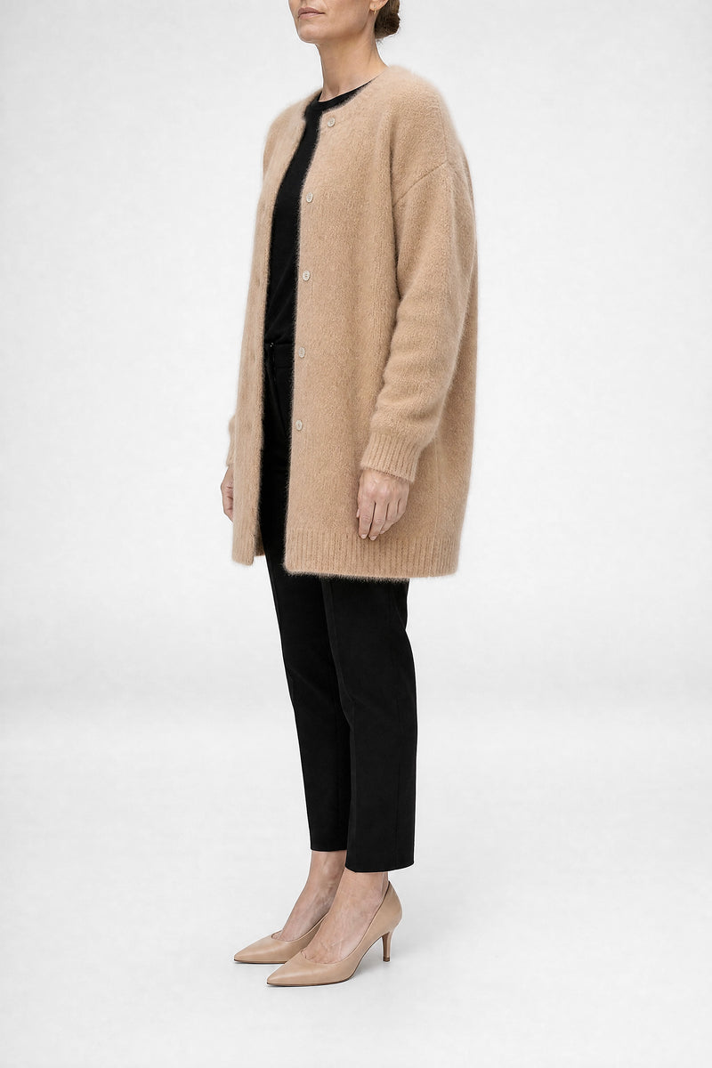Sofaine Kayla women's soft knit cardigan in Caramel, side view studio shot