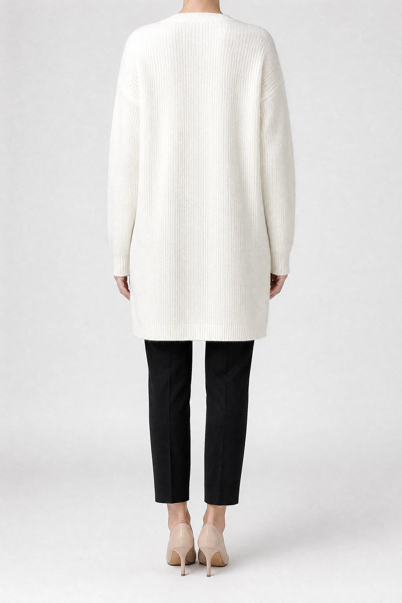 Sofaine Kayla women's soft knit cardigan in Creamy-white, back view studio shot