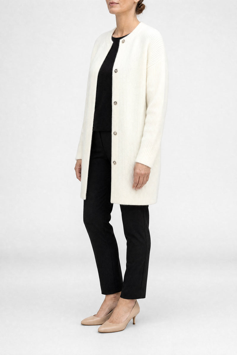 Sofaine Kayla women's soft knit cardigan in Creamy-white, side view studio shot