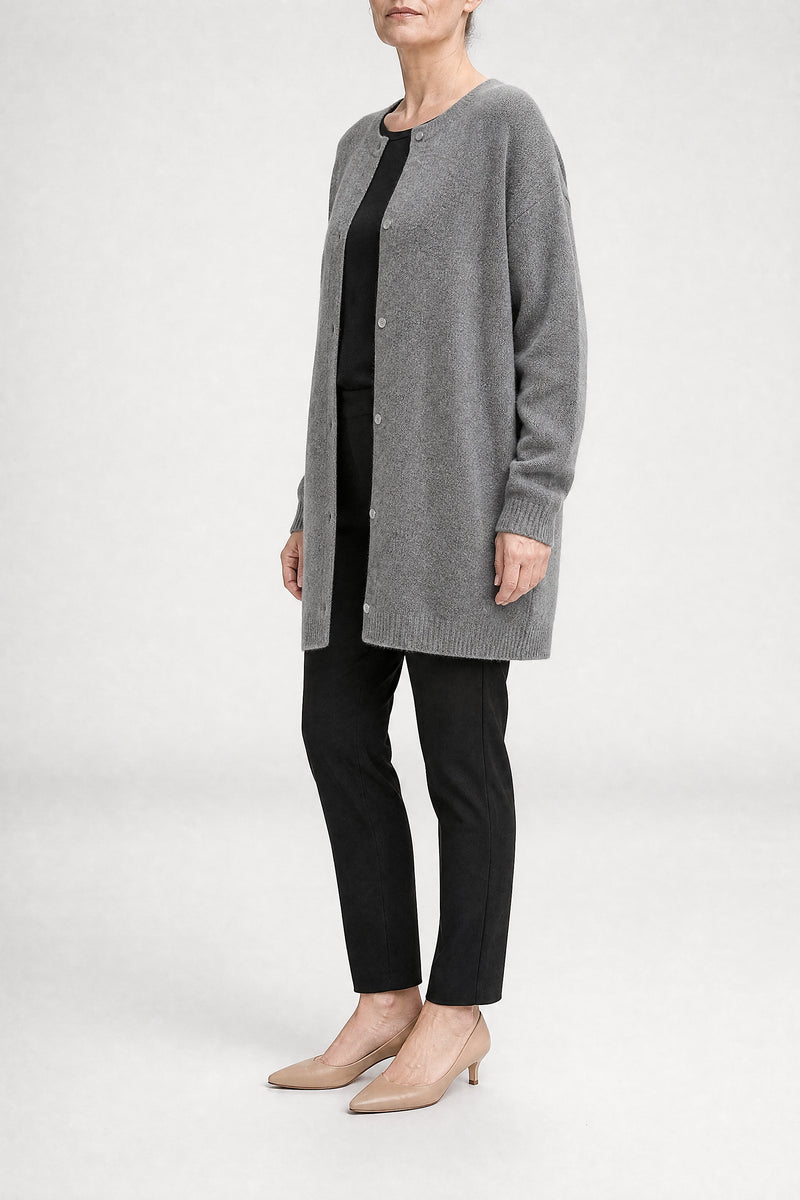 Sofaine Kayla women's soft knit cardigan in Dark Gray, side view studio shot