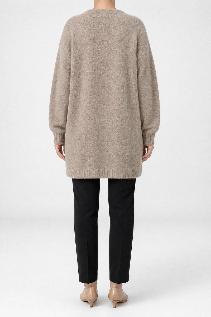 Sofaine Kayla women's soft knit cardigan in Khaki, back view studio shot