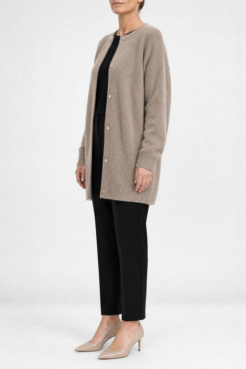 Sofaine Kayla women's soft knit cardigan in Khaki, side view studio shot