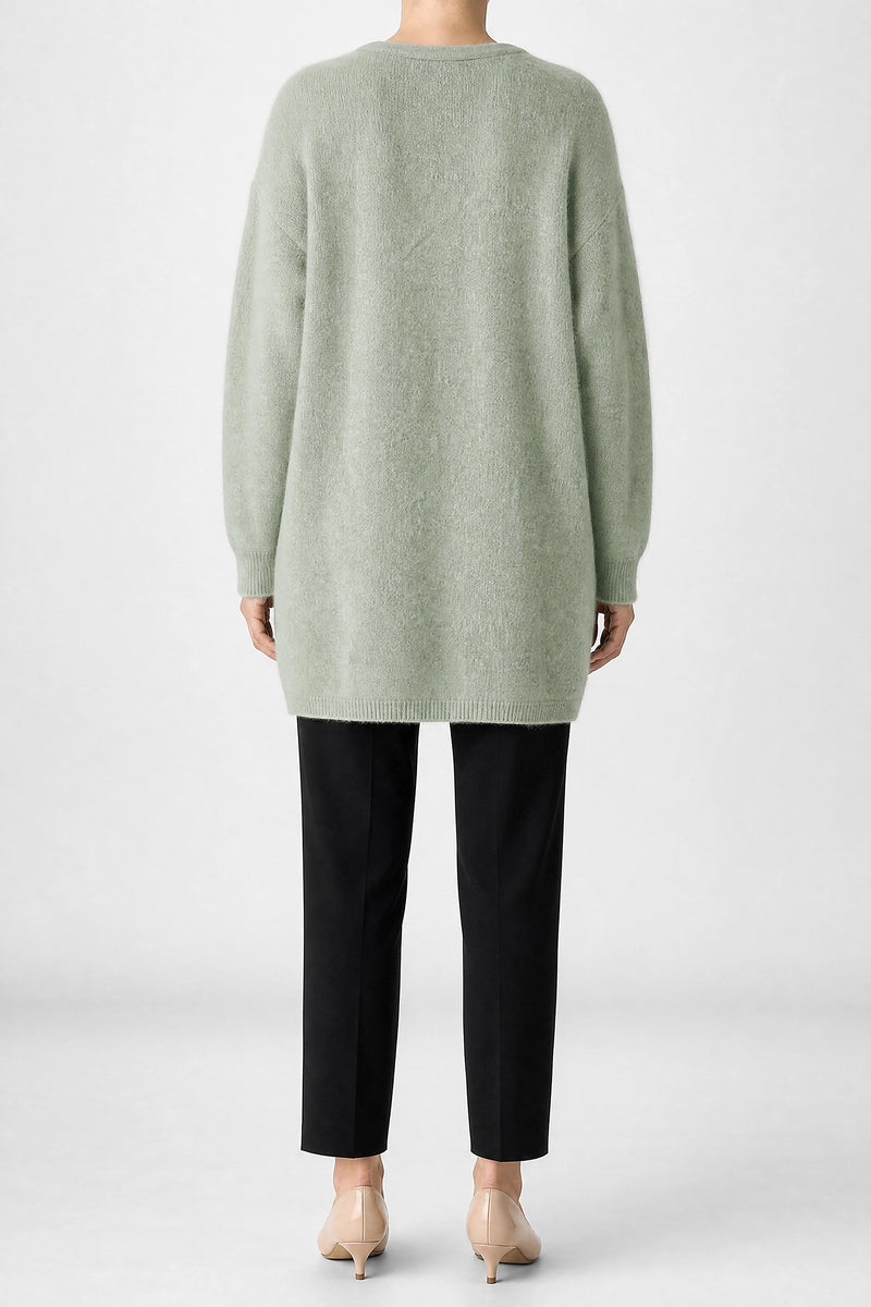 Sofaine Kayla women's soft knit cardigan in Light Green, back view studio shot