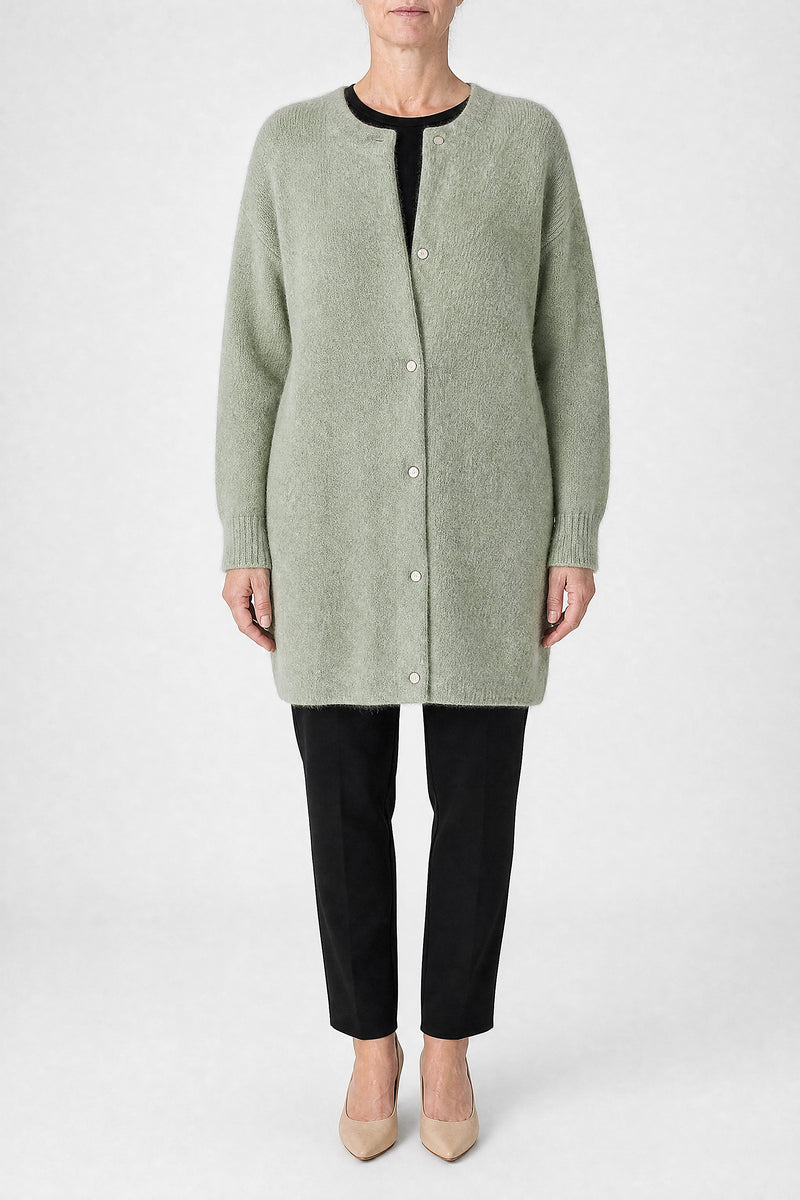 Sofaine Kayla women's soft knit cardigan in Light Green, front view studio shot