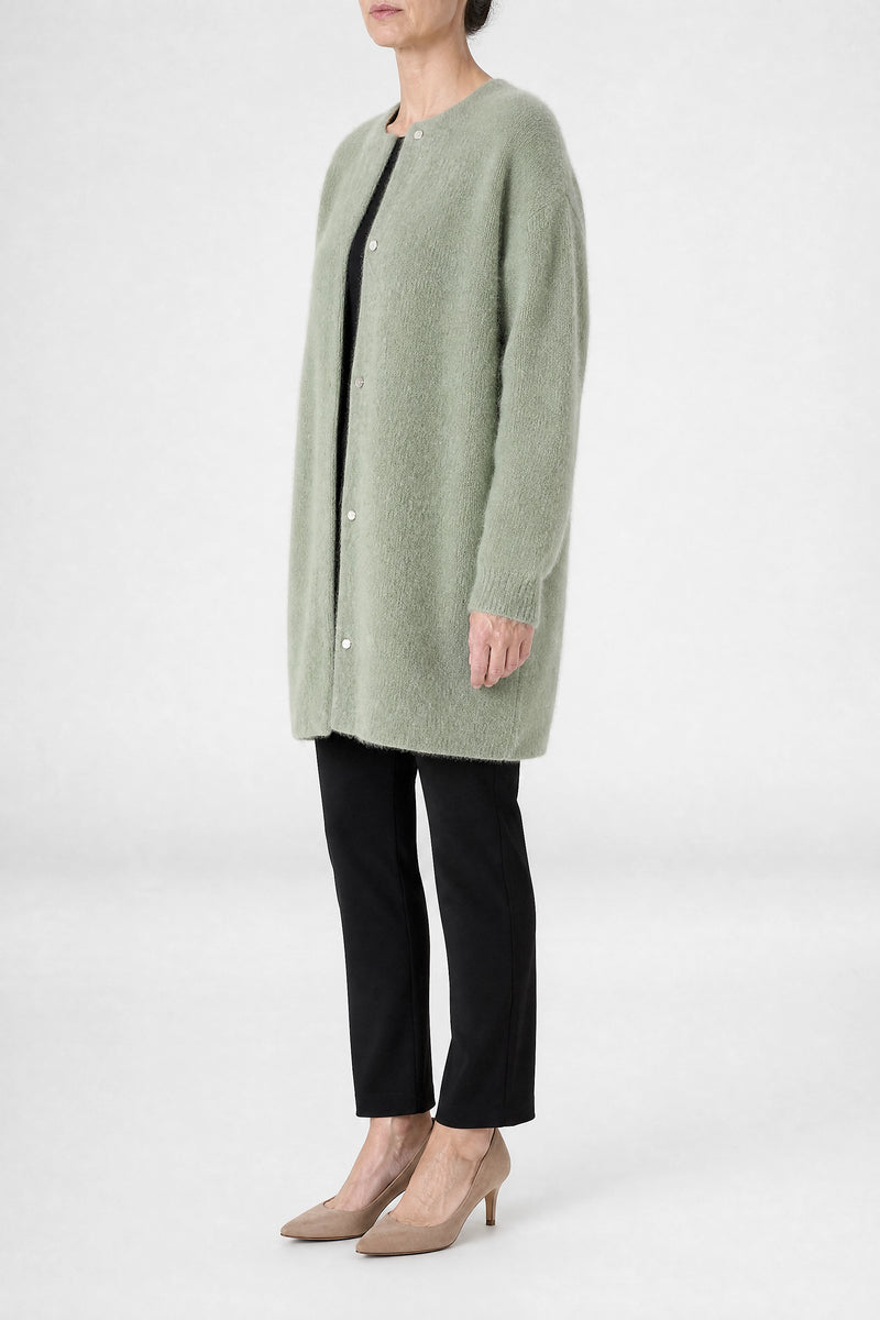 Sofaine Kayla women's soft knit cardigan in Light Green, side view studio shot