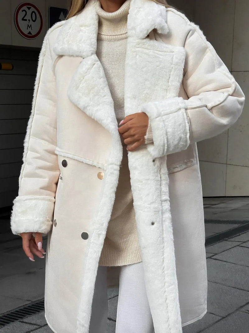Faux Shearling Coat for Women with Suede-Look Shell and Wide Lapels in Cream, close-up