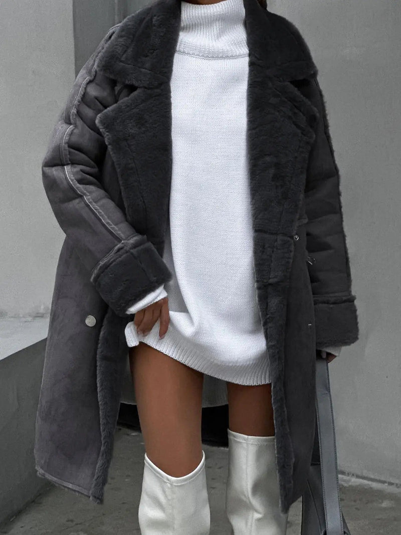 Faux Shearling Coat for Women with Suede-Look Shell and Wide Lapels in Gray, front view