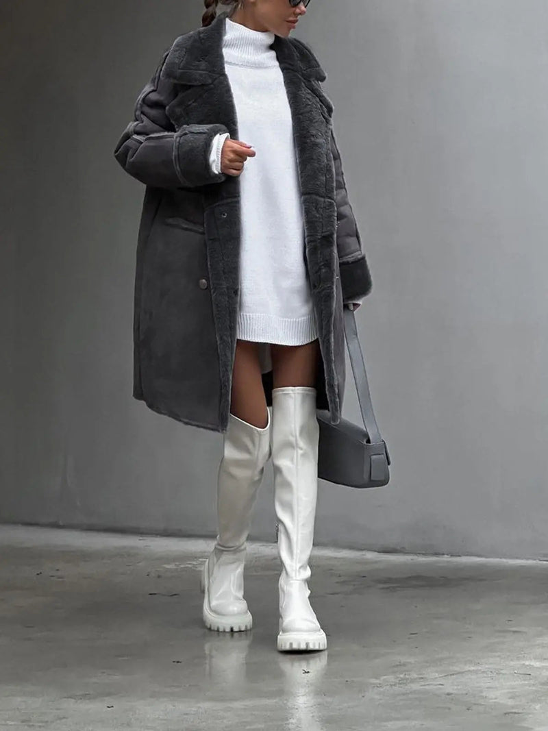 Faux Shearling Coat for Women with Suede-Look Shell and Wide Lapels in Gray, styled view