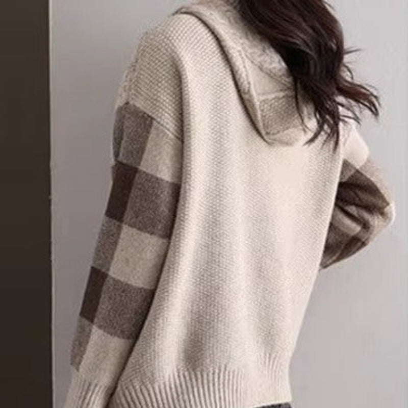 Cable Knit Hoodie for Women with Plaid Sleeves and Drawstring Hood in Beige, back view