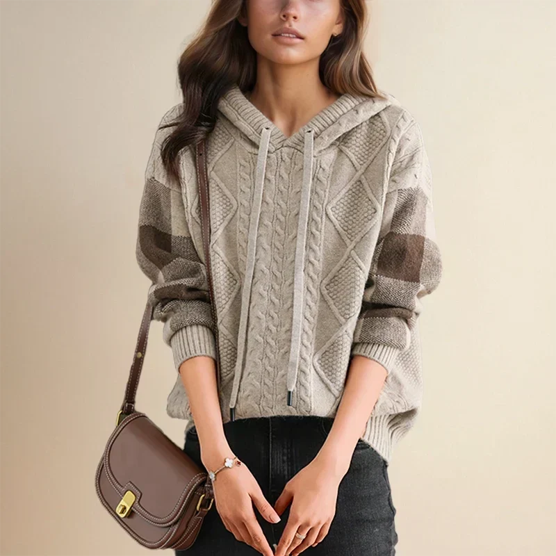 Cable Knit Hoodie for Women with Plaid Sleeves and Drawstring Hood in Beige, front view